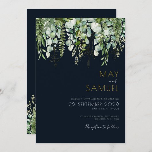 Eukalyptus Greenery & Navy Wedding Einladung (Vorne/Hinten)