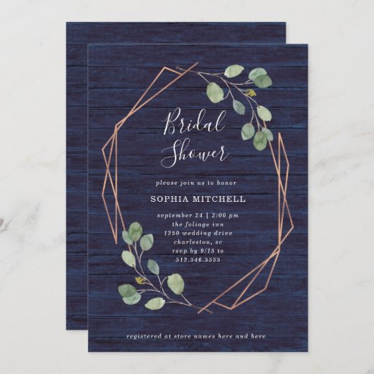 Eukalyptus Greenery | Navy Wood Geo Brautparty Einladung (Vorne/Hinten)