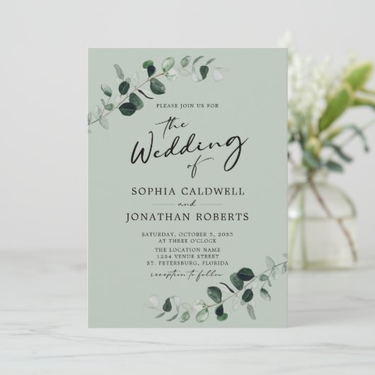 Eukalyptus Greenery QR Code Calligraphy Wedding Einladung (Stehend Vorderseite)