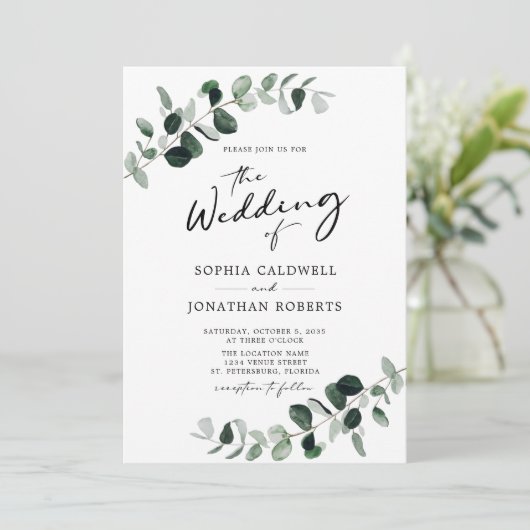 Eukalyptus Greenery QR Code Calligraphy Wedding Einladung (Stehend Vorderseite)