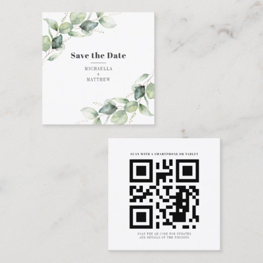 Eukalyptus Greenery QR Code Save the Date Karte (Vorne/Hinten)