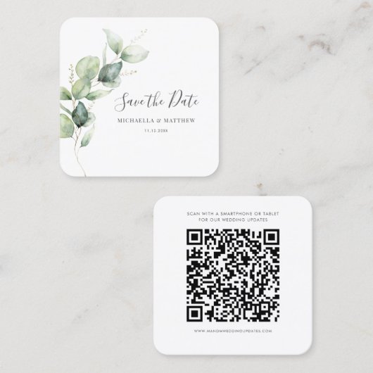 Eukalyptus Greenery QR Code Save the Date Karte (Vorne/Hinten)