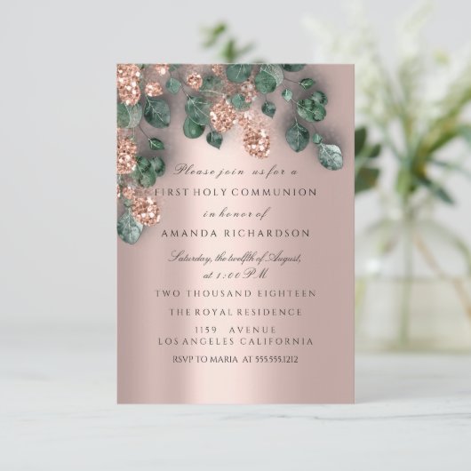 Eukalyptus Greenery Rose Erstkommunion Einladung (Stehend Vorderseite)