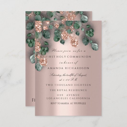 Eukalyptus Greenery Rose Erstkommunion Einladung (Vorne/Hinten)