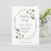 Eukalyptus Greenery | Rose Gold Geo Birthday Party Einladung (Stehend Vorderseite)
