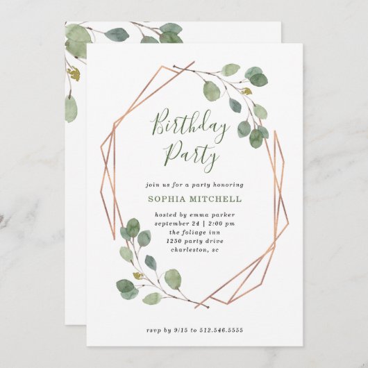 Eukalyptus Greenery | Rose Gold Geo Birthday Party Einladung (Vorne/Hinten)