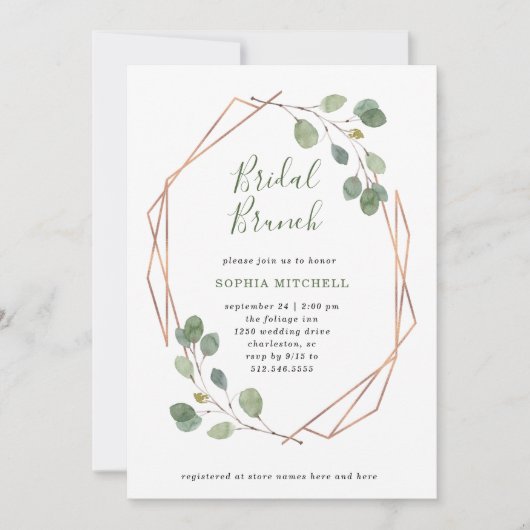 Eukalyptus Greenery | Rose Gold Geo Bridal Brunch Einladung (Vorderseite)