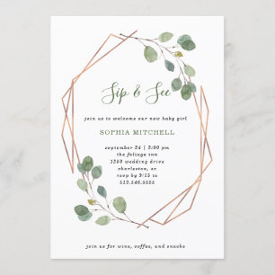 Eukalyptus Greenery Rose Gold Geo   Sip and See Einladung
