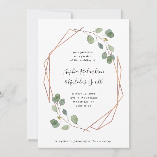 Eukalyptus Greenery | Rose Gold Geometric Wedding Einladung (Vorderseite)