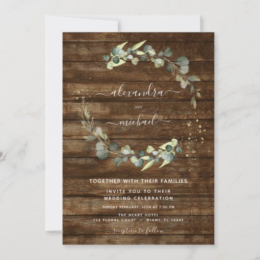 Eukalyptus Greenery Rustic Country Wood Wedding Einladung (Vorderseite)