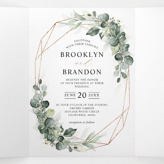 Eukalyptus Greenery Rustic Geometric Wedding Dreifach Gefaltete Ankündigung (Innenseite Mitte)