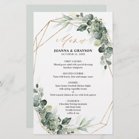 Eukalyptus Greenery Rustic Geometric Wedding Menu (Vorne/Hinten)