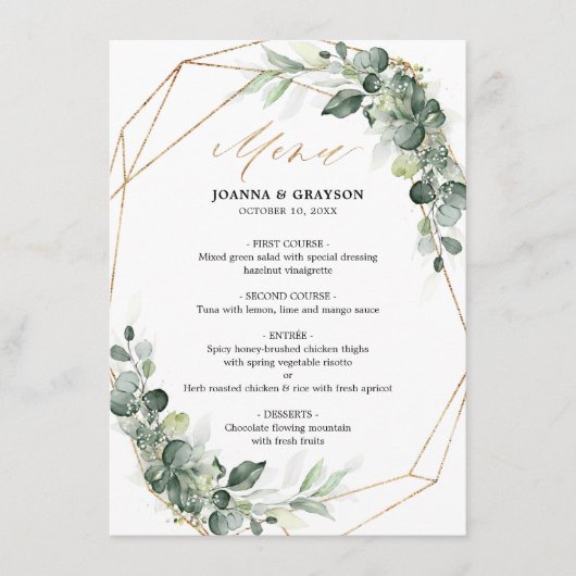 Eukalyptus Greenery Rustic Geometric Wedding Menu Menükarte (Vorderseite)