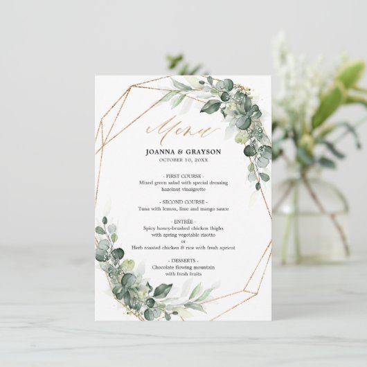 Eukalyptus Greenery Rustic Geometric Wedding Menu Menükarte (Stehend Vorderseite)
