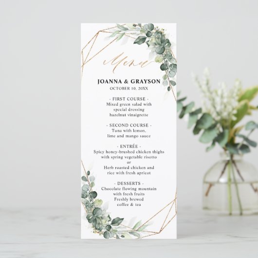 Eukalyptus Greenery Rustic Geometric Wedding Menükarte (Stehend Vorderseite)