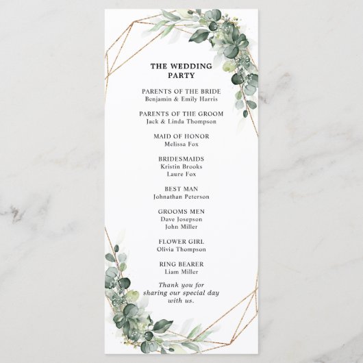 Eukalyptus Greenery Rustic Geometric Wedding Programm (Rückseite)