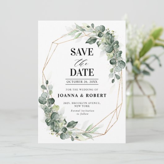 Eukalyptus Greenery Rustic Geometric Wedding Save The Date (Stehend Vorderseite)
