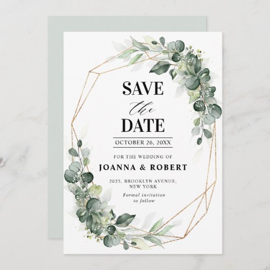 Eukalyptus Greenery Rustic Geometric Wedding Save The Date (Vorne/Hinten)