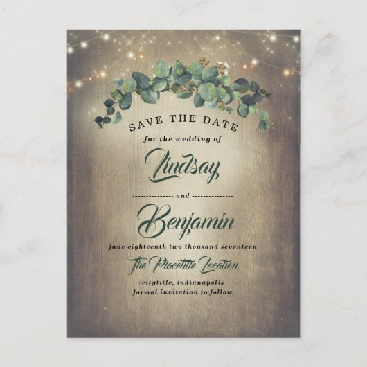 Eukalyptus Greenery Rustic Save the Date Ankündigungspostkarte (Vorderseite)