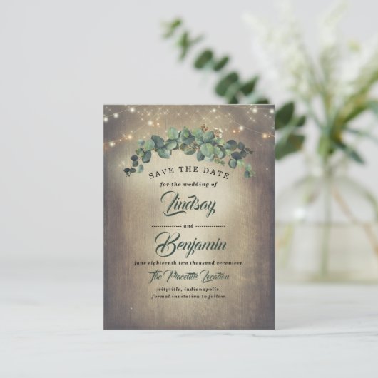 Eukalyptus Greenery Rustic Save the Date Ankündigungspostkarte (Stehend Vorderseite)