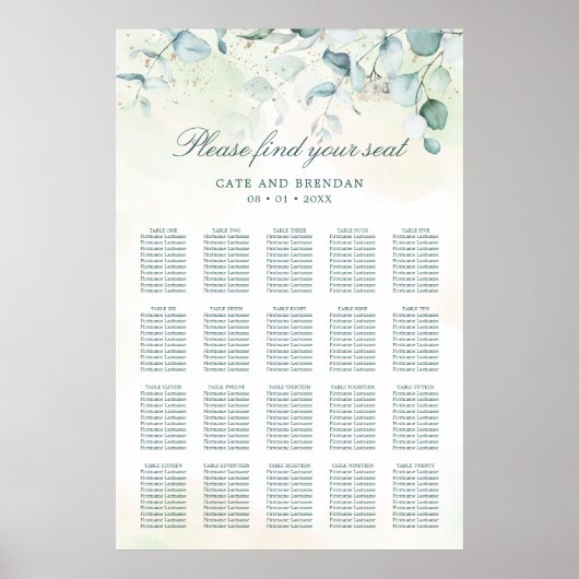 Eukalyptus Greenery Rustic Wedding Seating Chart Poster (Vorne)