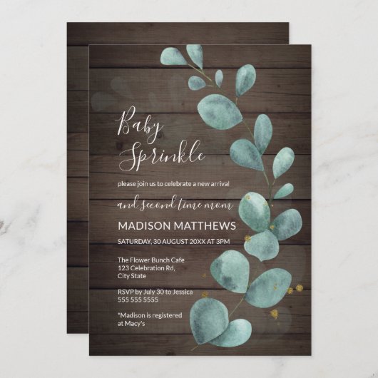 Eukalyptus Greenery Rustic Wood Baby Sprinkle Invi Einladung (Vorne/Hinten)