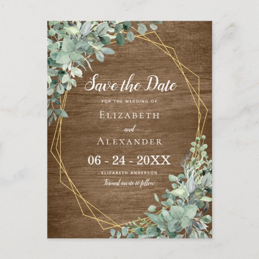 Eukalyptus Greenery Rustic Wood Geometric Wedding Ankündigungspostkarte (Vorderseite)