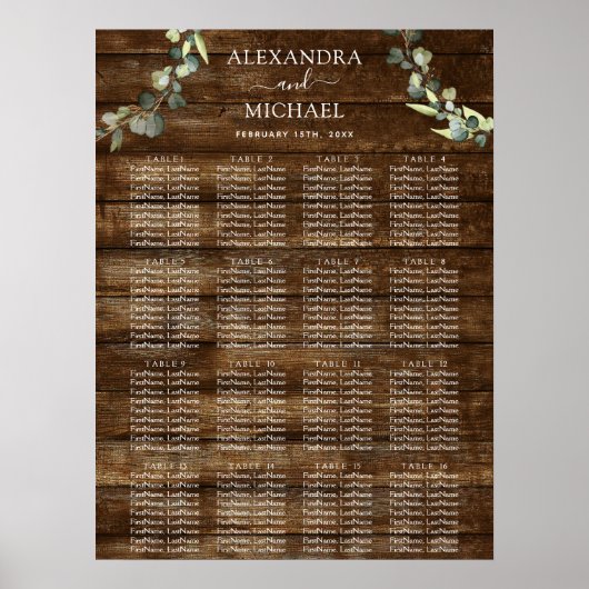 Eukalyptus Greenery Rustic Wood Wedding Seating Poster (Vorne)