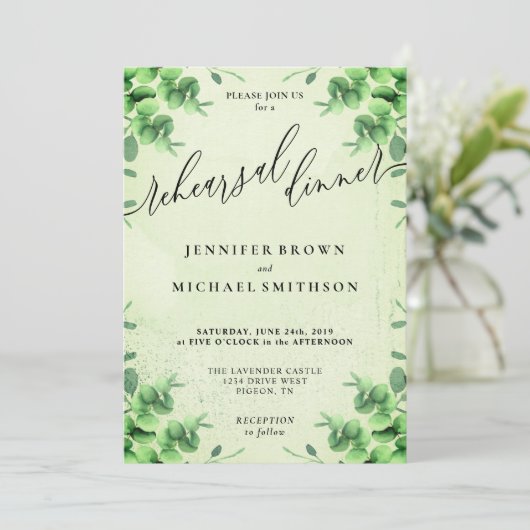 Eukalyptus Greenery Rustikale Probe Abendessen Einladung (Stehend Vorderseite)
