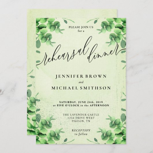 Eukalyptus Greenery Rustikale Probe Abendessen Einladung (Vorne/Hinten)