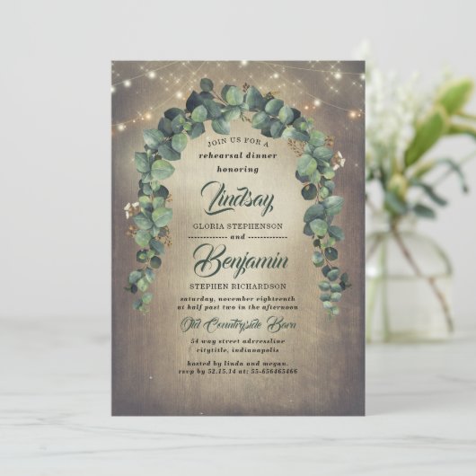 Eukalyptus Greenery Rustikale Probe Abendessen Einladung (Stehend Vorderseite)
