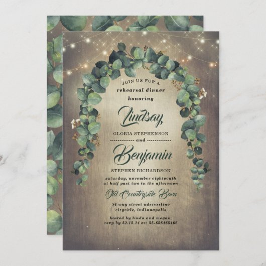 Eukalyptus Greenery Rustikale Probe Abendessen Einladung (Vorne/Hinten)