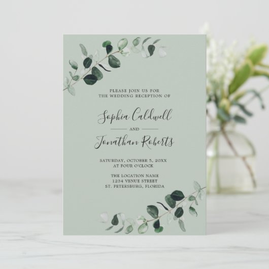 Eukalyptus Greenery Sage QR Code Hochzeitsempfang Einladung (Stehend Vorderseite)