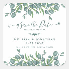 Eukalyptus Greenery Sage Wedding rettet das Datum Quadratischer Aufkleber