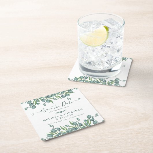 Eukalyptus Greenery Sage Wedding rettet das Datum Rechteckiger Pappuntersetzer (Vor Ort)