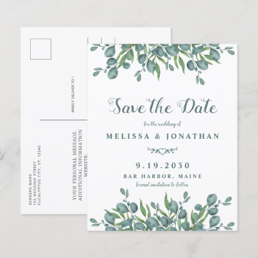Eukalyptus Greenery Save the Date Postcard (Vorne/Hinten)