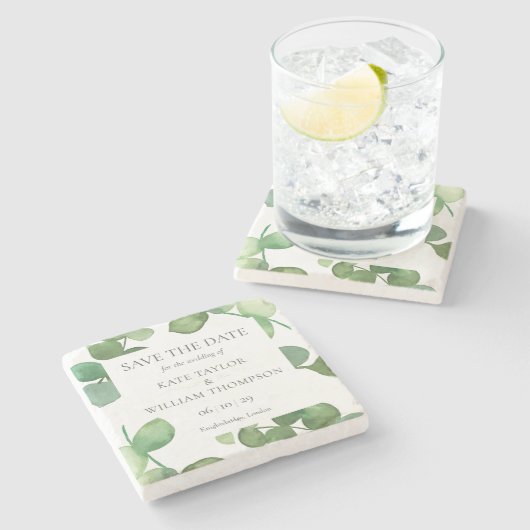 Eukalyptus Greenery Save the Date Steinuntersetzer (Seitenansicht)