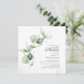 Eukalyptus Greenery Script Botanical Baby Shower Einladung (Stehend Vorderseite)