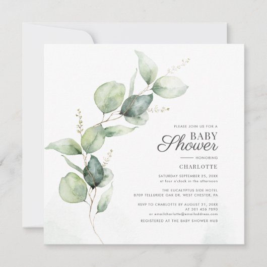 Eukalyptus Greenery Script Botanical Baby Shower Einladung (Vorderseite)