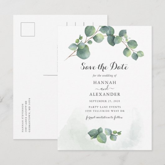 Eukalyptus Greenery Script Botanical Save the Date Ankündigungspostkarte (Vorne/Hinten)