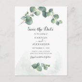 Eukalyptus Greenery Script Botanical Save the Date Ankündigungspostkarte (Vorderseite)