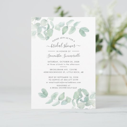 Eukalyptus Greenery Script Botanisches Brautparty Einladung (Stehend Vorderseite)