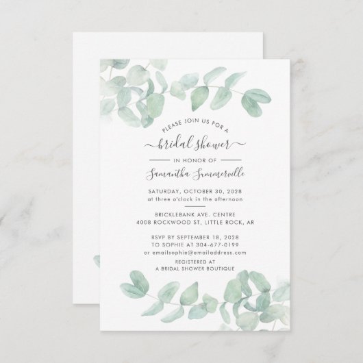 Eukalyptus Greenery Script Botanisches Brautparty Einladung (Vorne/Hinten)