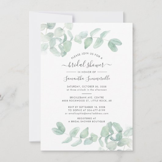 Eukalyptus Greenery Script Botanisches Brautparty Einladung (Vorderseite)