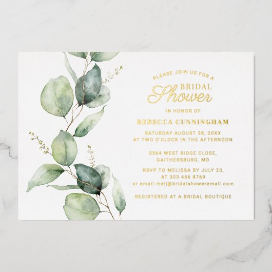 Eukalyptus Greenery Script Brautparty Gold Folieneinladung (Vorderseite)