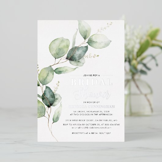 Eukalyptus Greenery Script Brautparty Silver Folieneinladung (Stehend vorne)