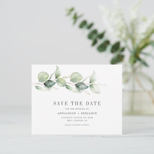 Eukalyptus Greenery Script-Foto Save the Date (Stehend Vorderseite)