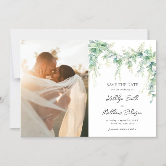 Eukalyptus Greenery Script Modern Save the Date Magneteinladung (Vorderseite)