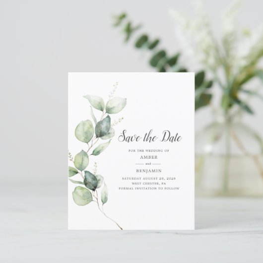Eukalyptus Greenery Script Save the Date (Stehend Vorderseite)
