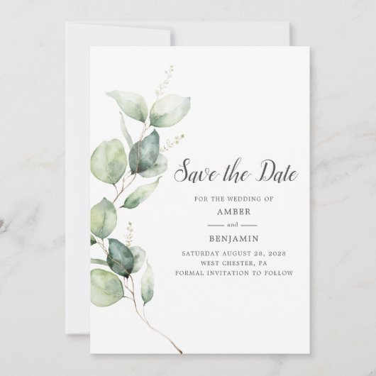 Eukalyptus Greenery Script Save the Date (Vorderseite)